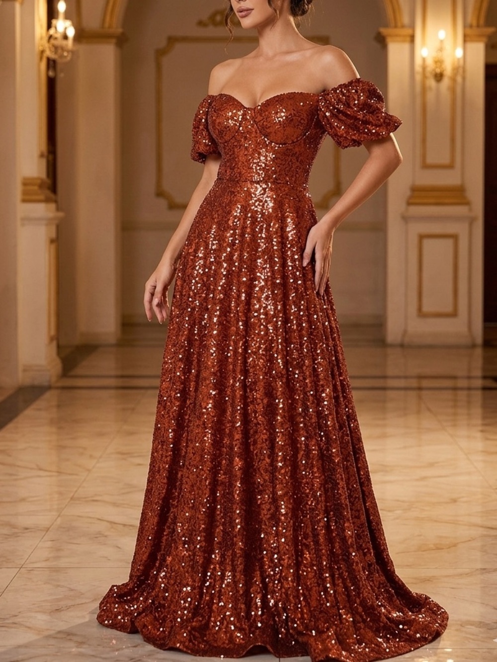 AW. Bridal Off-Shoulder Rust Sequin Evening Formal Gown Size 16 NWOT